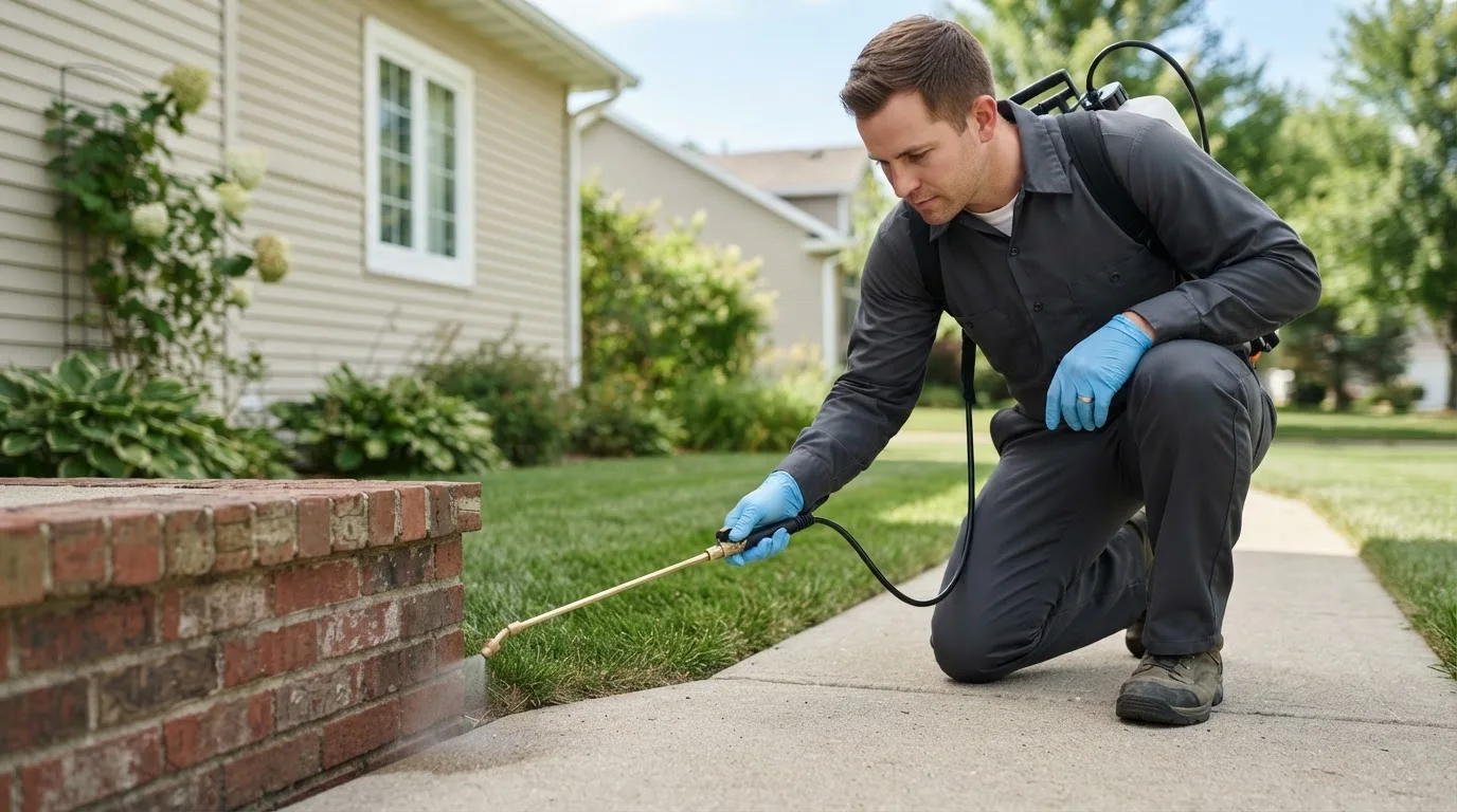 Pest control technician treating a home near South Charleston, OH