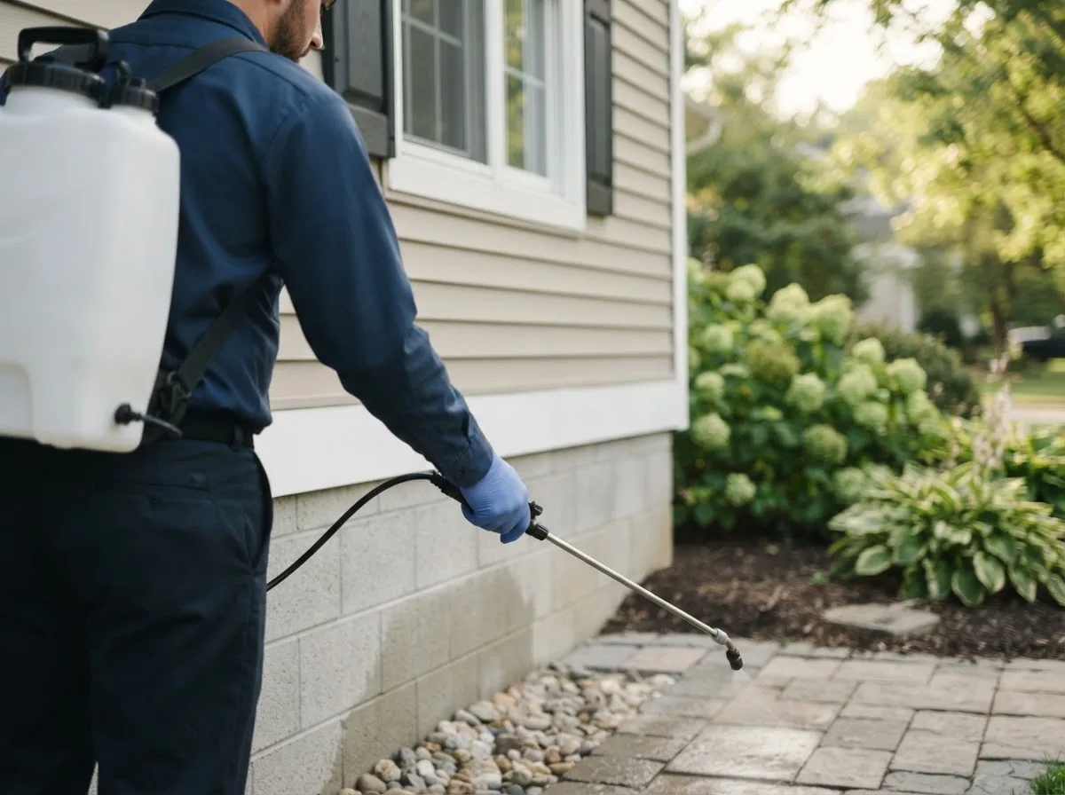 Pest control technician inspecting a home in South Charleston, OH
